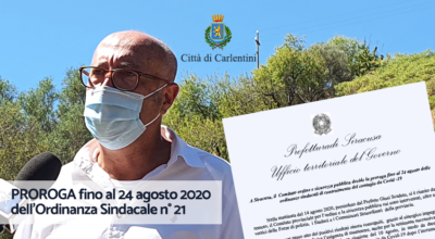 PROROGA fino al 24 agosto 2020 dell’Ordinanza Sindacale n° 21 (del 10 agosto 2020)