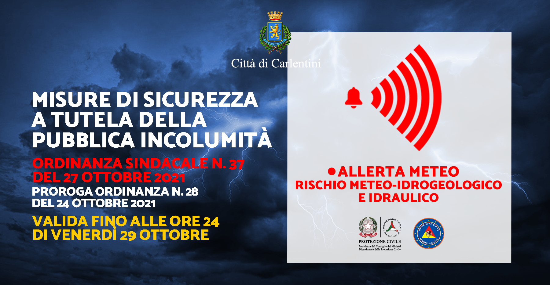 Allerta meteo: Ordinanza Sindacale n. 37 del 27 ottobre 2021, di misure precauzionali di Protezione Civile