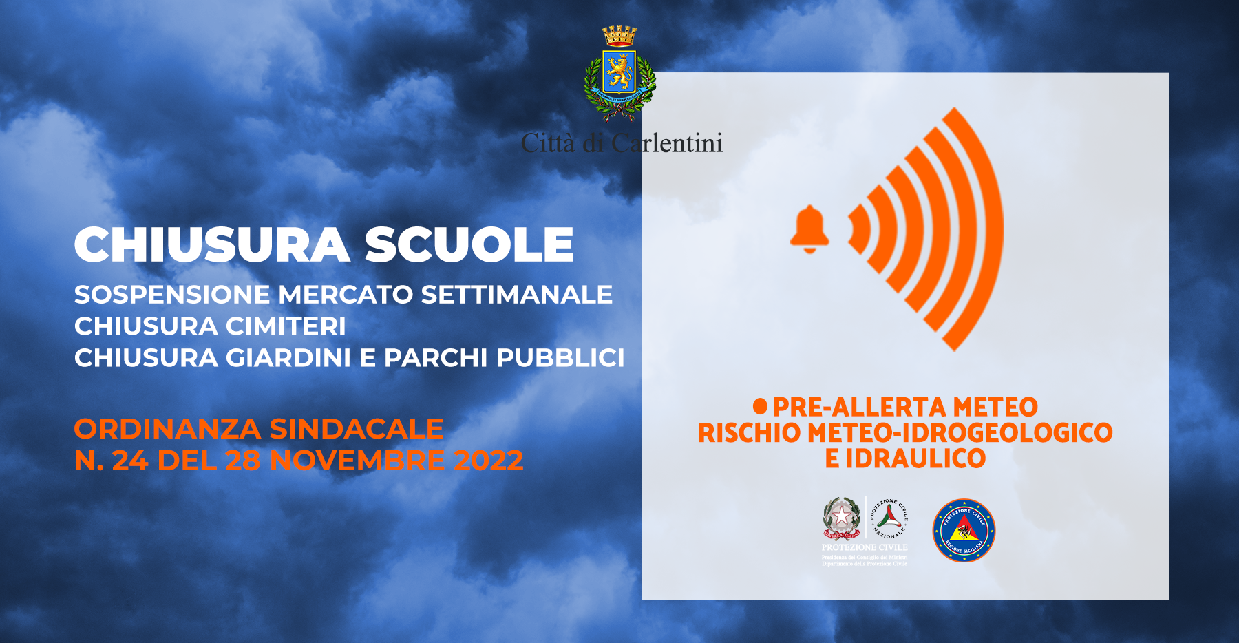 Allerta meteo: scuole e luoghi pubblici chiusi con Ordinanza Sindacale n. 24 del 28 novembre 2022