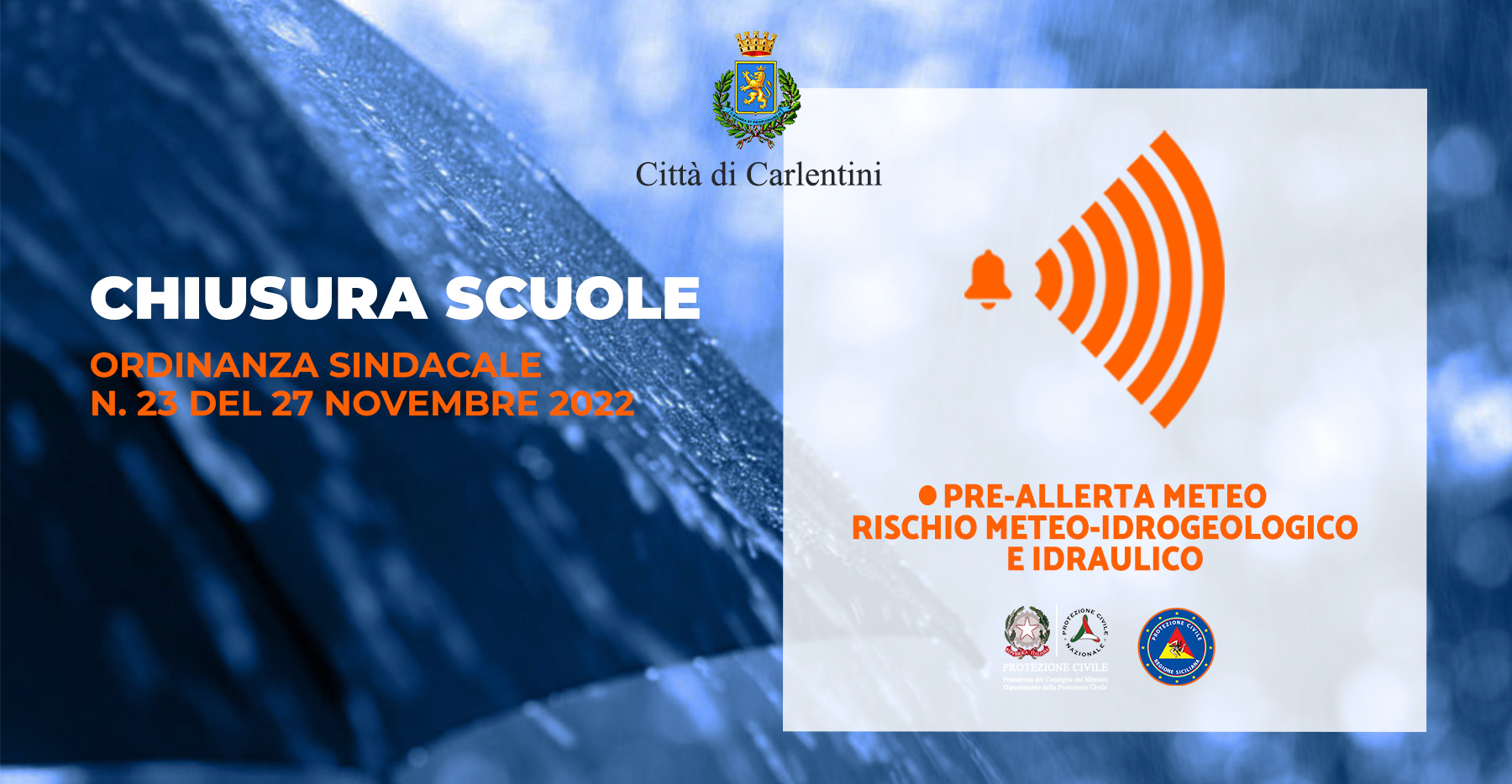 Allerta meteo: scuole chiuse con Ordinanza Sindacale n. 23 del 27 novembre 2022