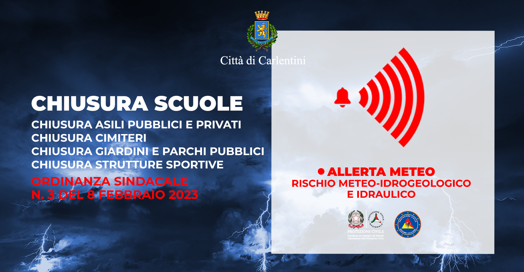 Allerta meteo: scuole e luoghi pubblici chiusi con Ordinanza Sindacale n. 3 del 8 febbraio 2023