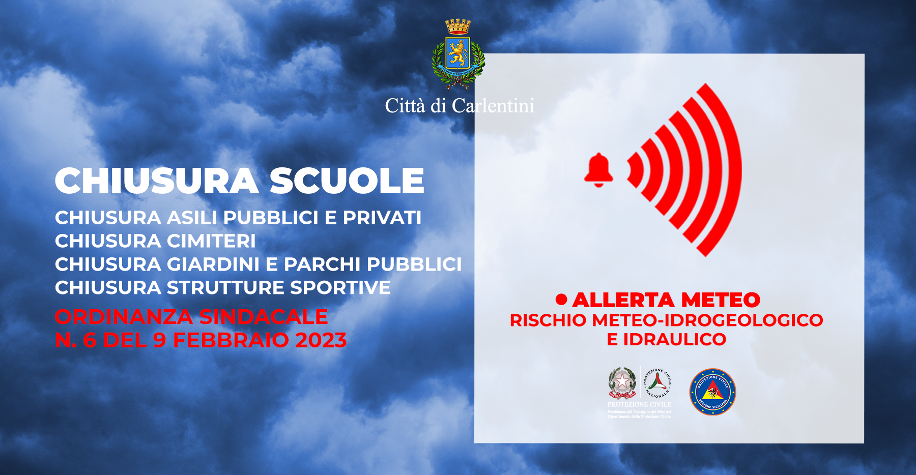 Allerta meteo: scuole e luoghi pubblici chiusi con Ordinanza Sindacale n. 6 del 9 febbraio 2023