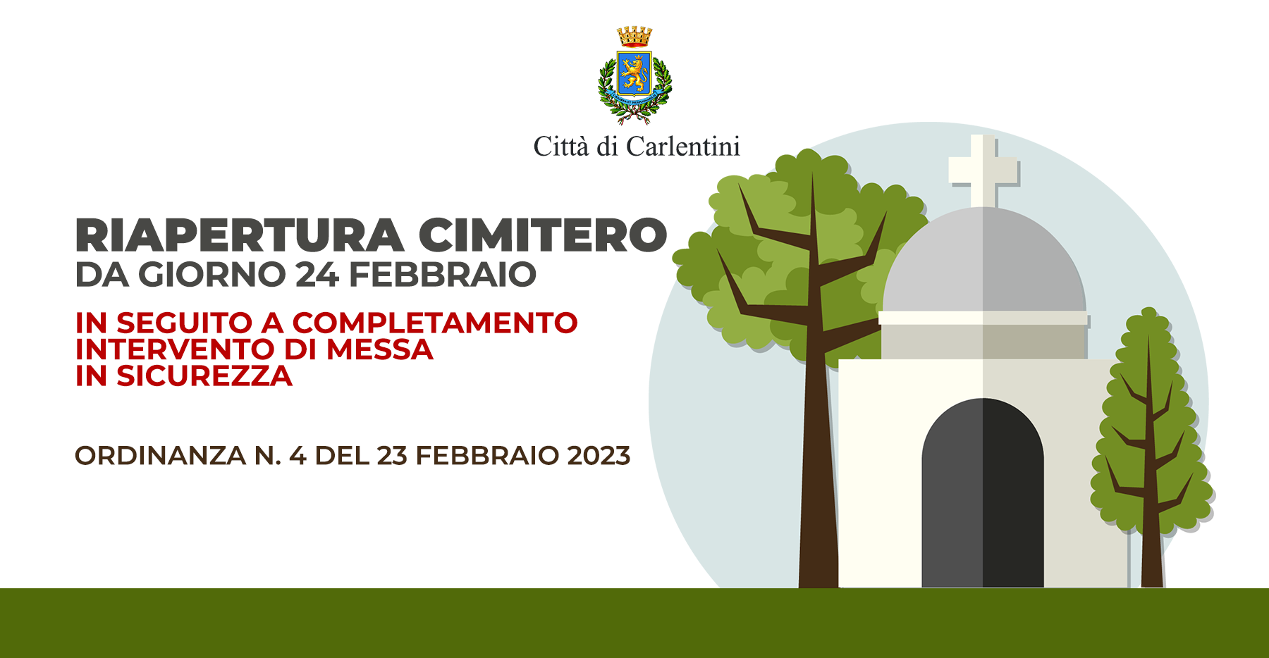 Riapertura cimitero per completamento intervento di messa in sicurezza, dal 24 febbraio: ordinanza n. 4 del 23 febbraio 2023